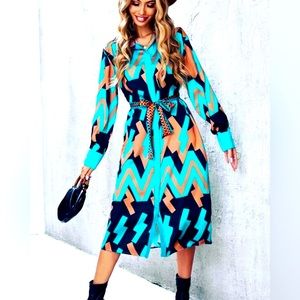 💙 NWT MOD SLINKY RETRO 1960’s STYLE SHIRT MIDI ABSTRACT DRESS LARGE